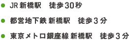 JR新橋駅徒歩30秒、東京メトロ銀座線新橋駅徒歩3分、都営地下テル新橋駅徒歩3分